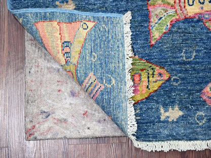 Blue 2'6" x 6'2" Modern and Contemporary Hand knotted Wool Rug - Sku: O021794