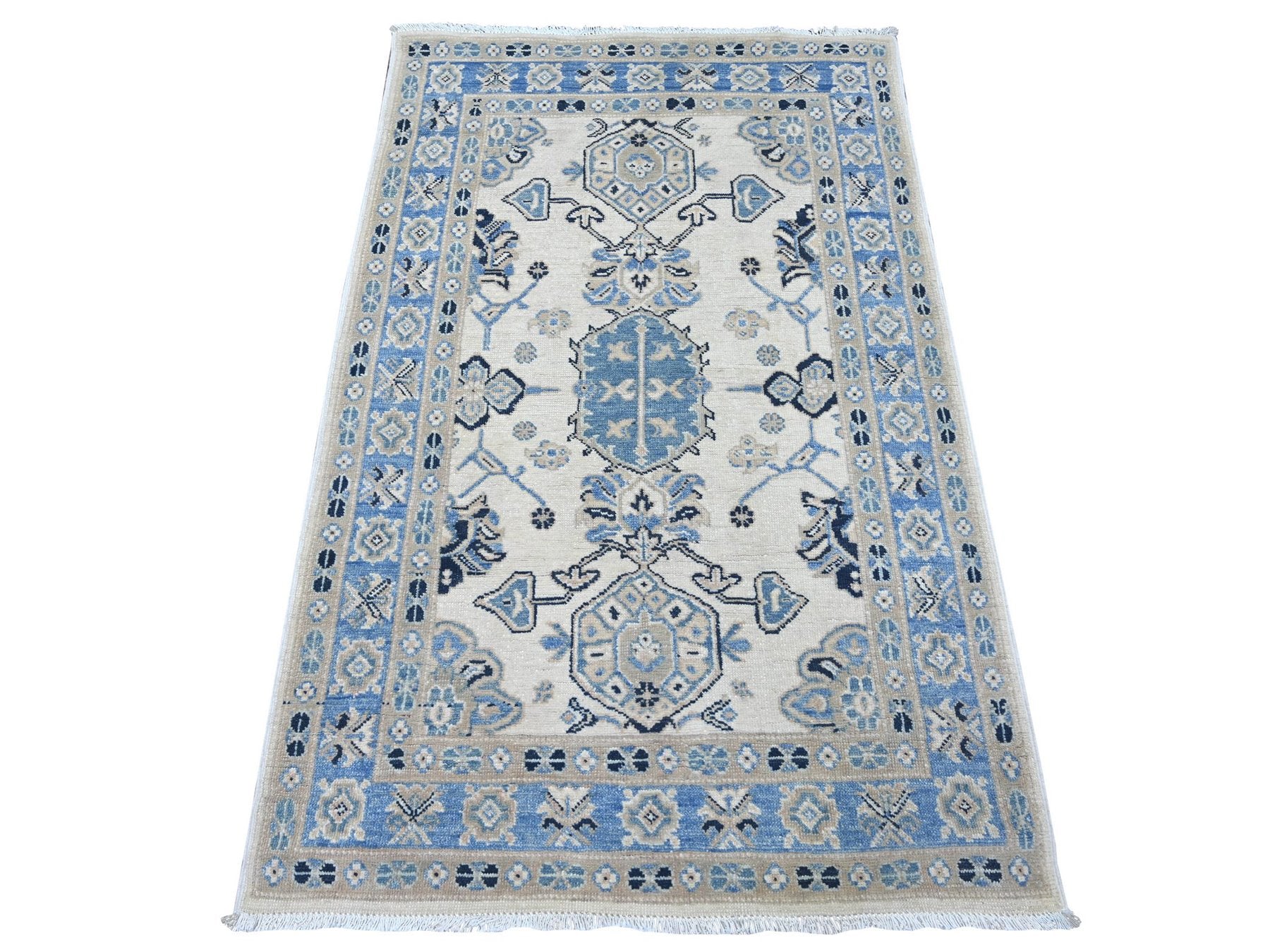 Kazak Kazak hand-knotted wool rug in Ivory & Blue, 3'1" x 4'10" — SKU O021805
