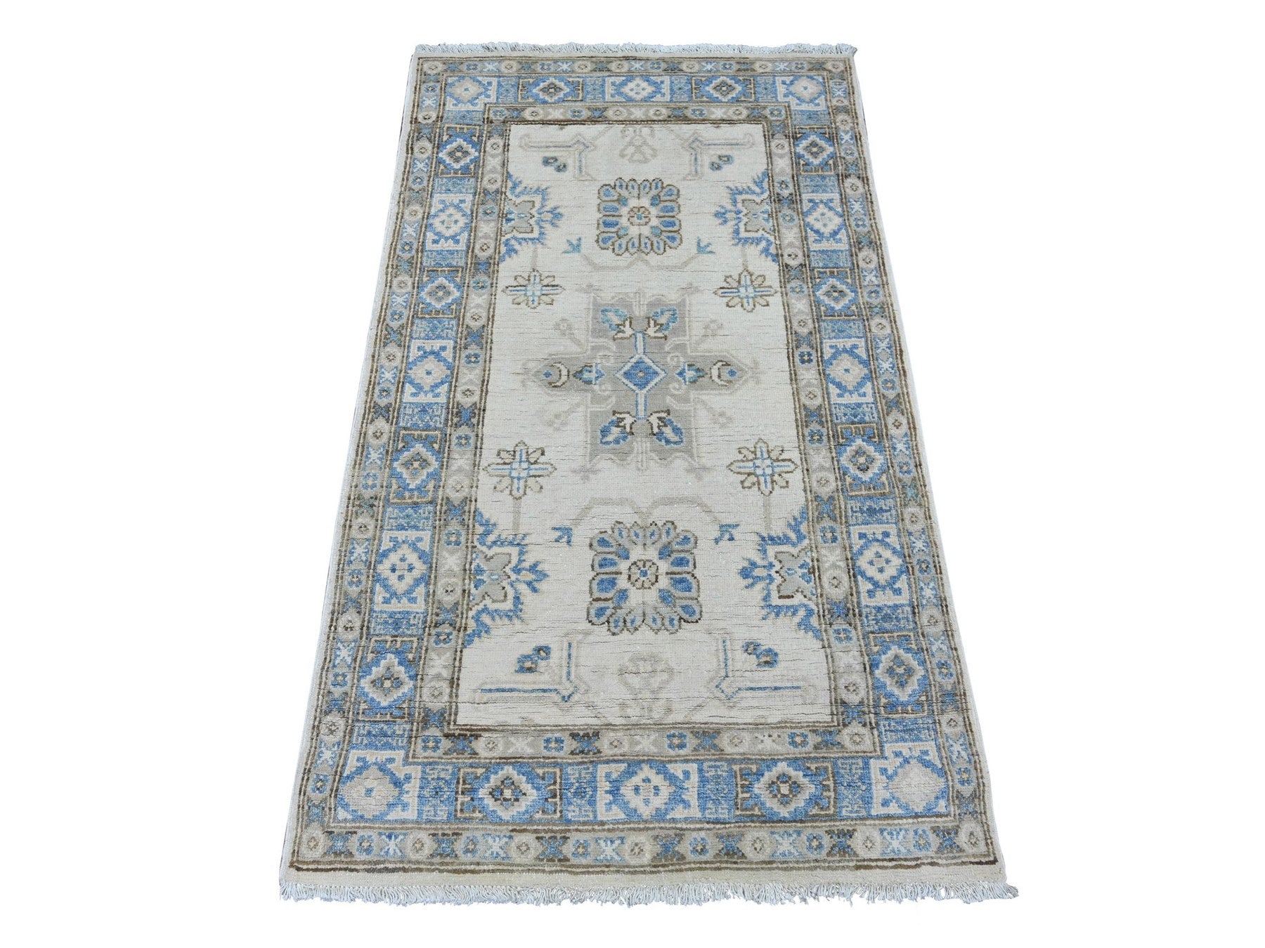 Kazak Kazak hand-knotted wool rug in Ivory & Blue, 2'11" x 4'10" — SKU O021807
