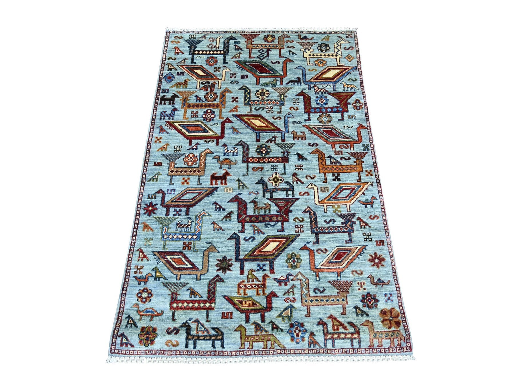 Blue 3'2" x 4'11" Tribal & Geometric Hand knotted Wool Rug - Sku: O021814