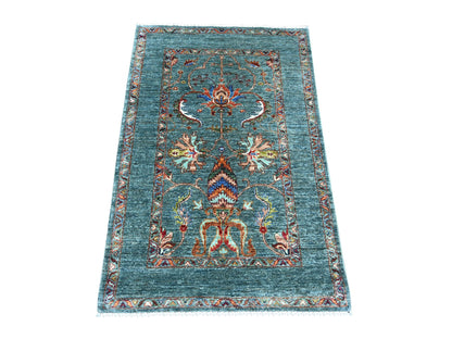 Blue 2'10" x 4'3" Tribal & Geometric Hand knotted Wool Rug - Sku: O021819