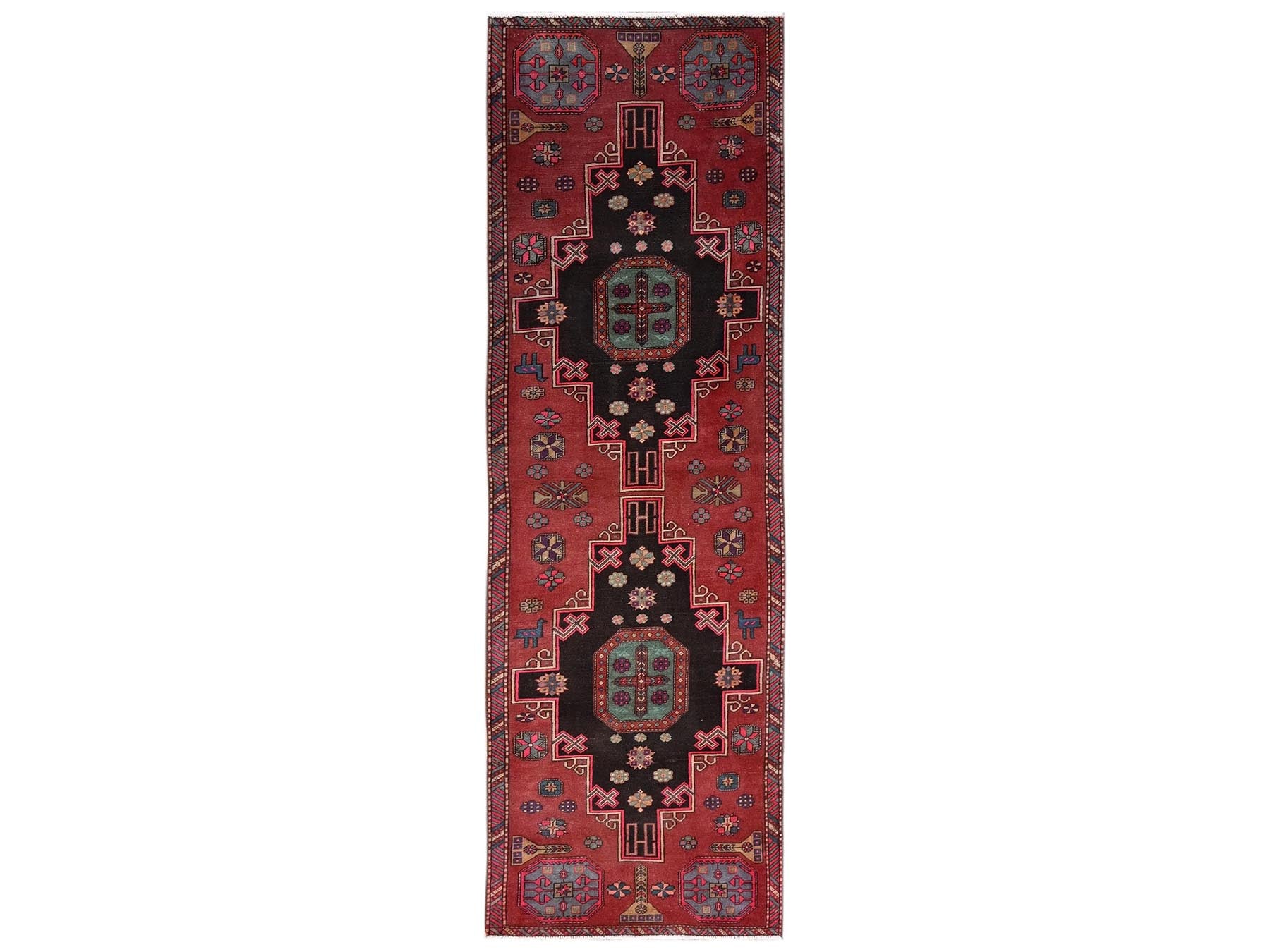 Heriz Vintage hand-knotted wool runner in Red & Ivory, 3' x 9'9" — SKU O02181
