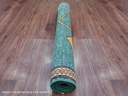 Green 3'5" x 4'10" Tribal & Geometric Hand knotted Wool Rug - Sku: O021821