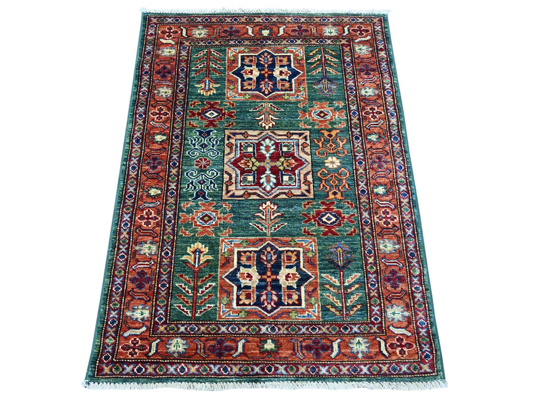 Green 2'10" x 4'0" Tribal & Geometric Hand knotted Wool Rug - Sku: O021824
