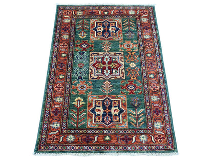 Green 2'10" x 4'0" Tribal & Geometric Hand knotted Wool Rug - Sku: O021824