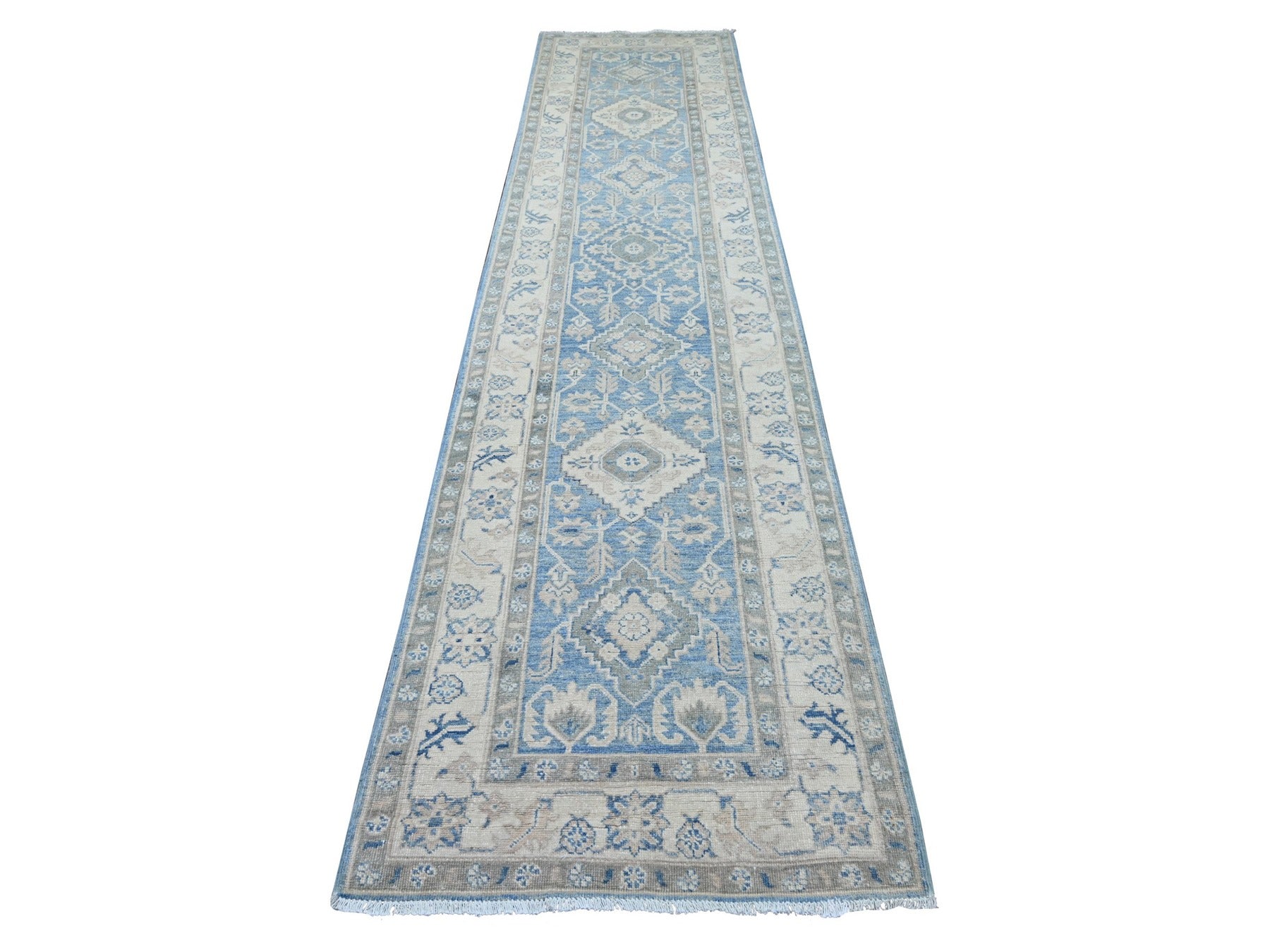 Blue 2'11" x 12'7" Kazak Hand knotted Wool Rug - Sku: O021827