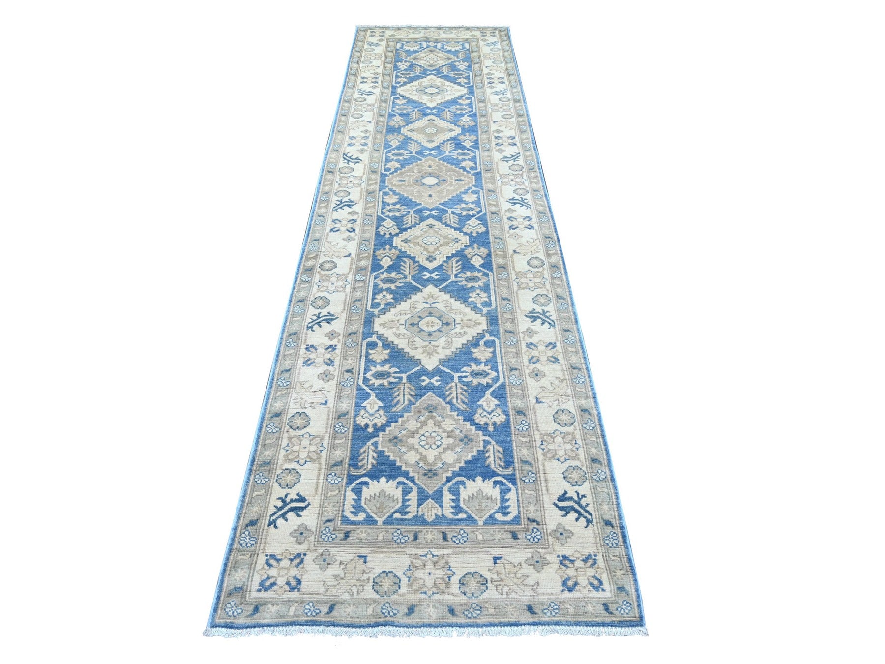 Blue 3'0" x 11'6" Kazak Hand knotted Wool Rug - Sku: O021833