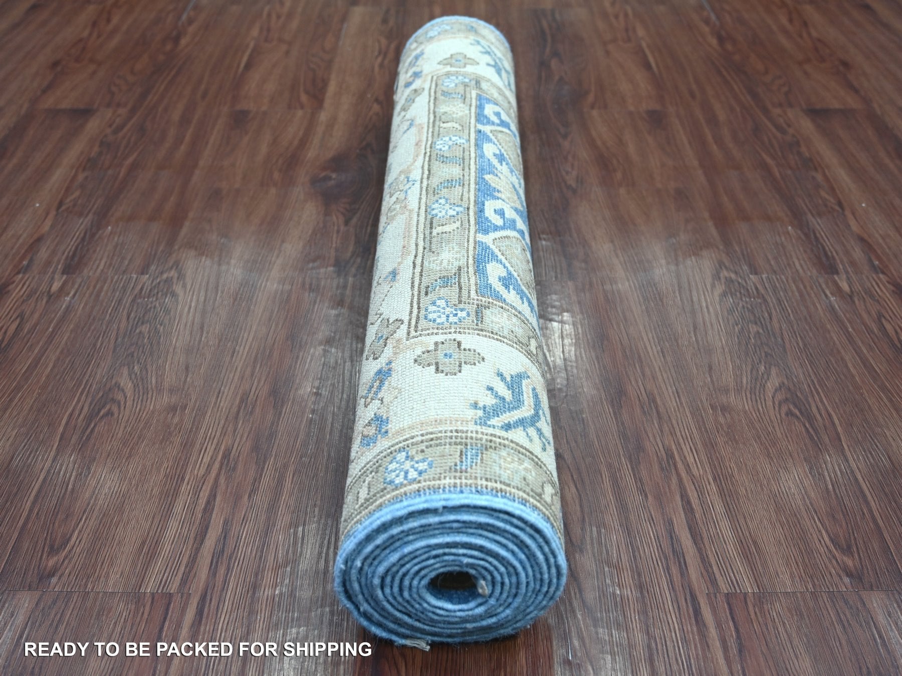 Kazak Kazak hand-knotted wool runner in Blue & Ivory, 3' x 11'6" — SKU O021833 (view 4)