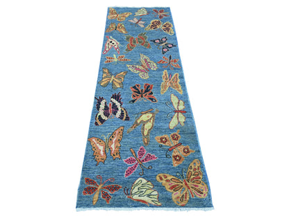 Blue 2'6" x 7'6" Modern and Contemporary Hand knotted Wool Rug - Sku: O021840