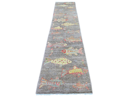 Brown 2'6" x 11'6" Modern and Contemporary Hand knotted Wool Rug - Sku: O021847