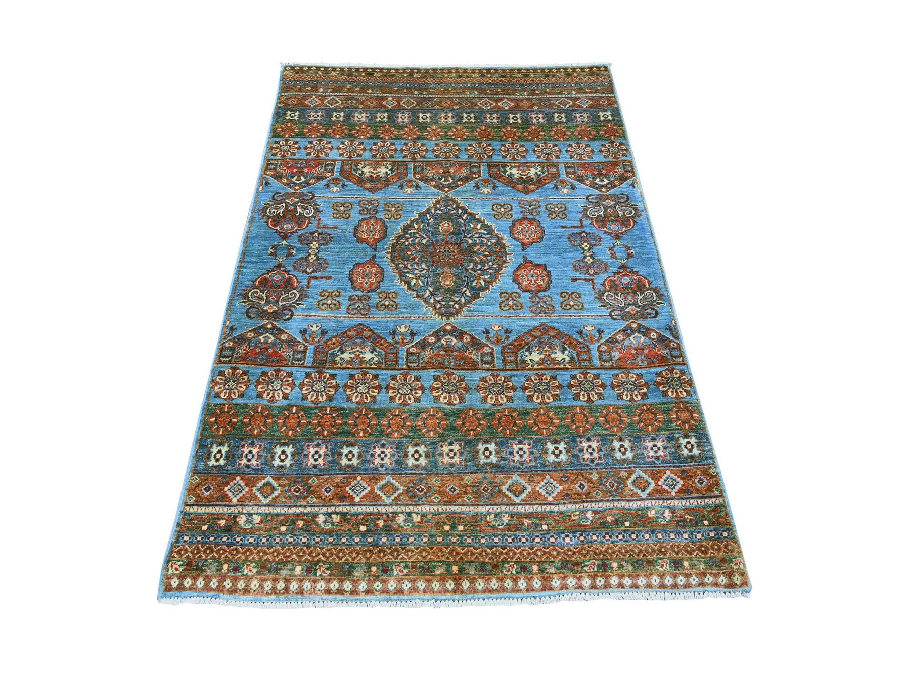 Blue 3'11" x 5'11" Tribal & Geometric Hand knotted Wool Rug - Sku: O021848