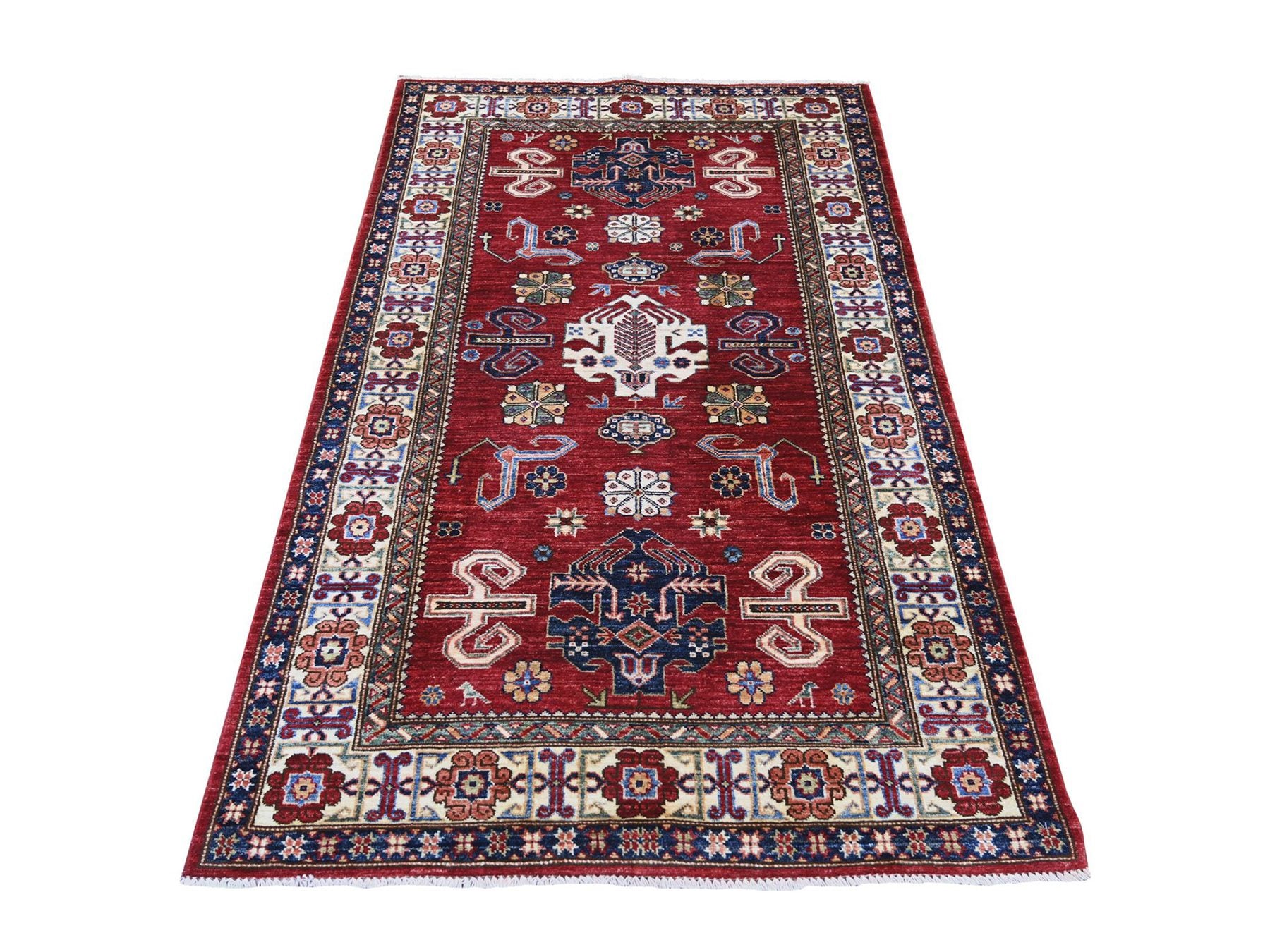 Kazak Tribal & Geometric hand-knotted wool rug in Red & Ivory, 3'10" x 6'2" — SKU O021849