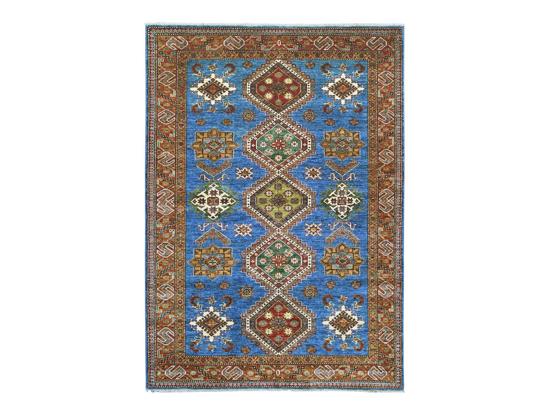 Kazak Tribal & Geometric hand-knotted wool rug in Blue & Brown, 5'10" x 8'5" — SKU O021855