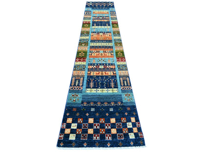 Blue 2'5" x 12'10" Tribal & Geometric Hand knotted Wool Rug - Sku: O021867