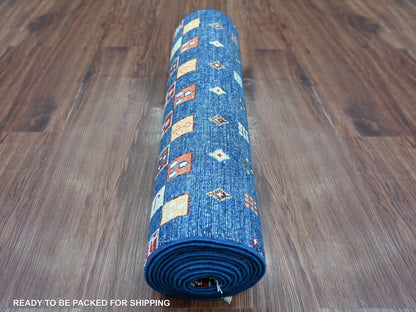 Blue 2'5" x 12'10" Tribal & Geometric Hand knotted Wool Rug - Sku: O021867