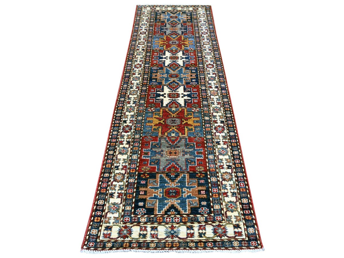 Kazak Tribal & Geometric hand-knotted wool runner in Multicolored & Ivory, 2'10" x 9' — SKU O021870