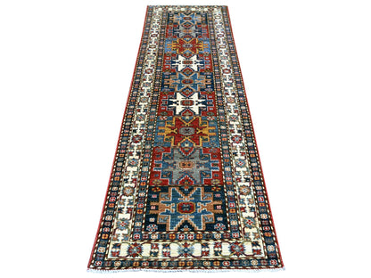 Kazak Tribal & Geometric hand-knotted wool runner in Multicolored & Ivory, 2'10" x 9' — SKU O021870