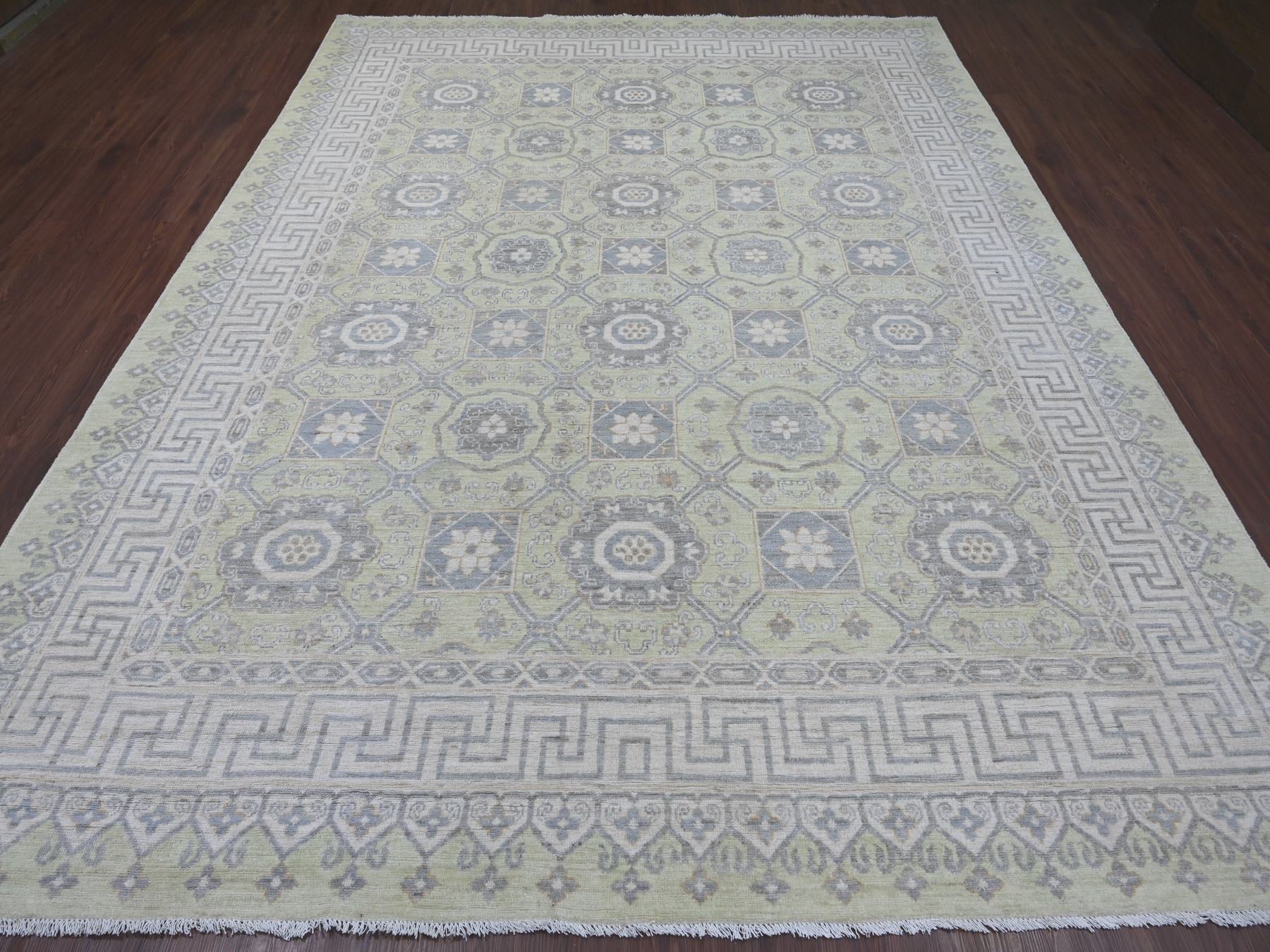 Green 8'11" x 11'8" Khotan and Samarkand Hand knotted Wool Rug - Sku: O021882