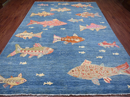 Peshawar Modern / Contemporary hand-knotted wool rug in Blue, 8'11" x 11'9" — SKU O021889 (view 2)