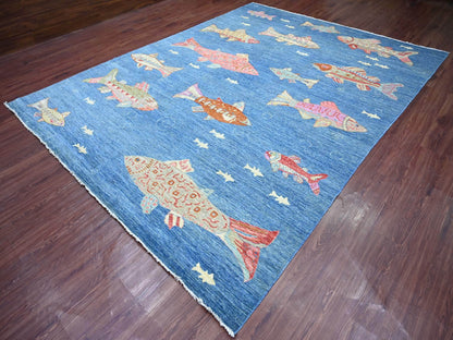 Blue 8'11" x 11'9" Modern and Contemporary Hand knotted Wool Rug - Sku: O021889