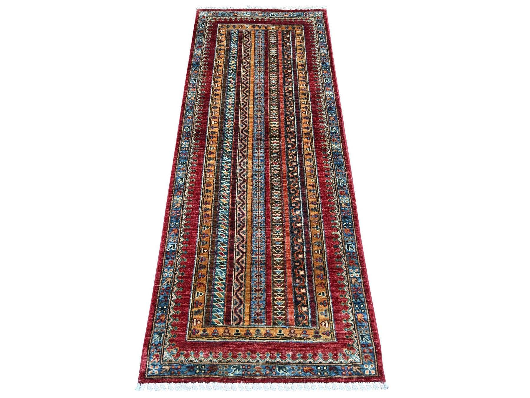 Kazak Tribal & Geometric hand-knotted wool runner in Red & Blue, 2'4" x 6'1" — SKU O021915