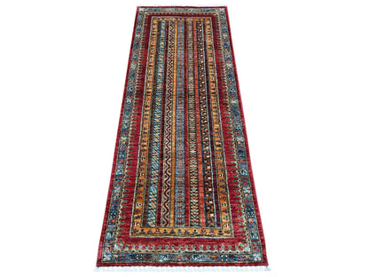 Kazak Tribal & Geometric hand-knotted wool runner in Red & Blue, 2'4" x 6'1" — SKU O021915