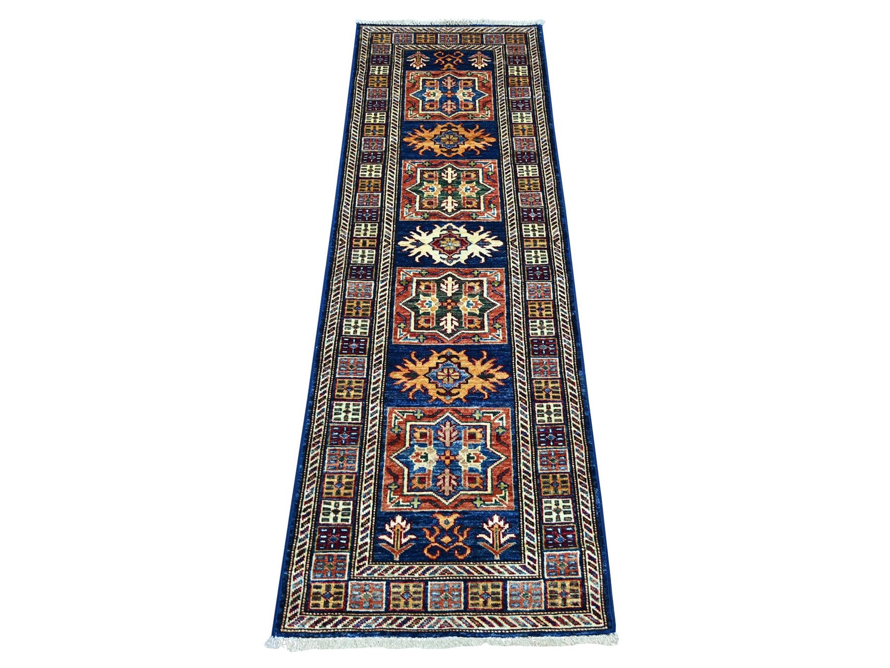Kazak Tribal & Geometric hand-knotted wool runner in Blue & Colorful, 2' x 6' — SKU O021916