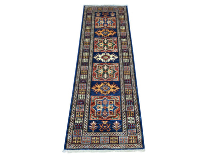 Kazak Tribal & Geometric hand-knotted wool runner in Blue & Colorful, 2' x 6' — SKU O021916