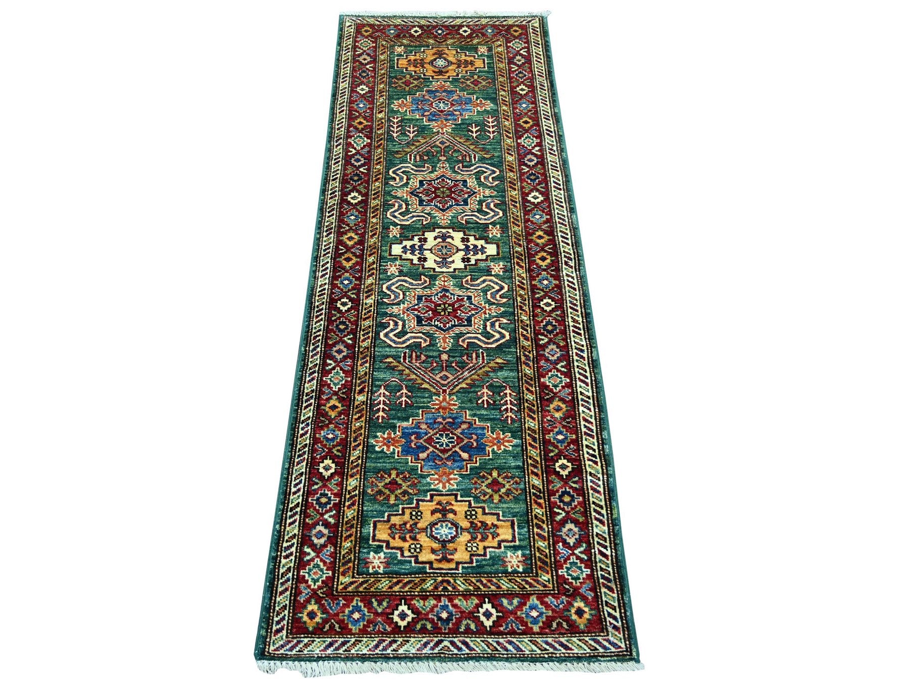 Green 2'1" x 6'0" Tribal & Geometric Hand knotted Wool Rug - Sku: O021917
