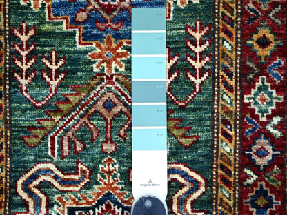 Green 2'1" x 6'0" Tribal & Geometric Hand knotted Wool Rug - Sku: O021917