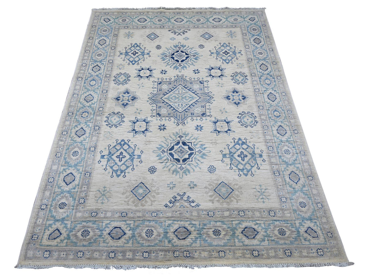 Kazak Kazak hand-knotted wool rug in Ivory & Blue, 4'10" x 6'7" — SKU O021918