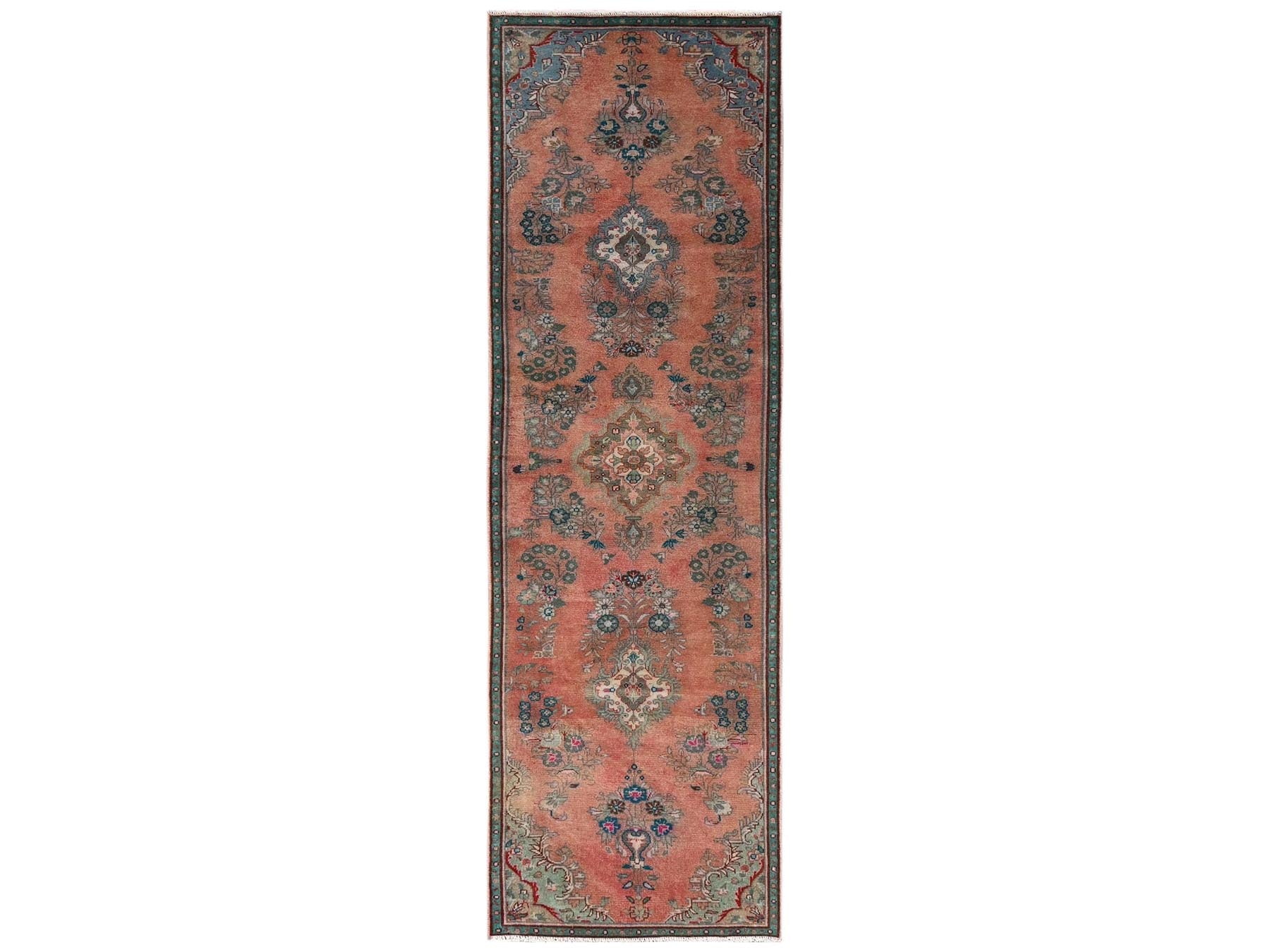 Vintage hand-knotted wool runner in Orange & Blue, 2'9" x 8'10" — SKU O02191