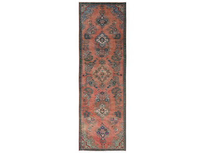 Vintage hand-knotted wool runner in Orange & Blue, 2'9" x 8'10" — SKU O02191