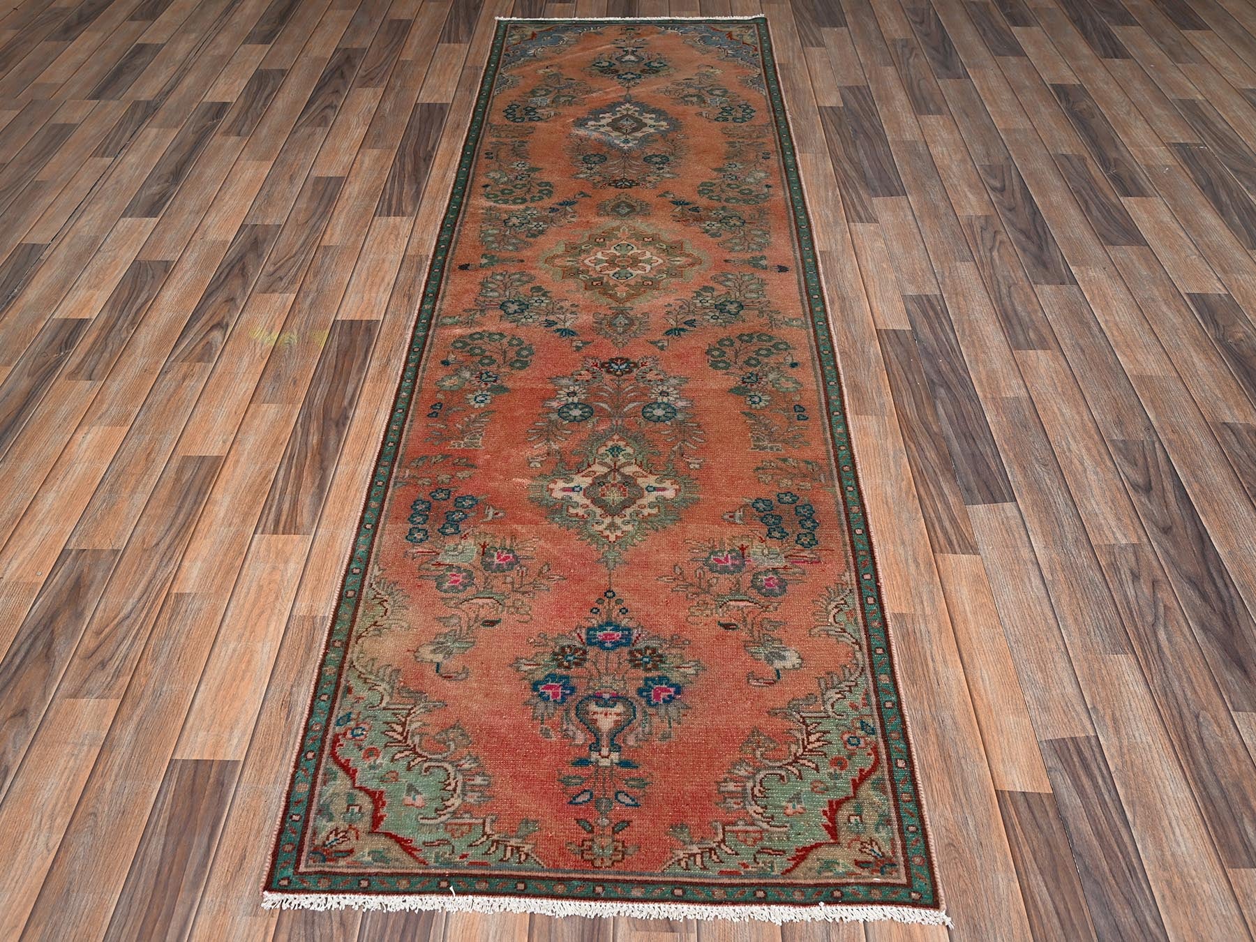 Vintage hand-knotted wool runner in Orange & Blue, 2'9" x 8'10" — SKU O02191 (view 2)