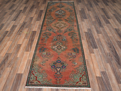 Vintage hand-knotted wool runner in Orange & Blue, 2'9" x 8'10" — SKU O02191 (view 2)
