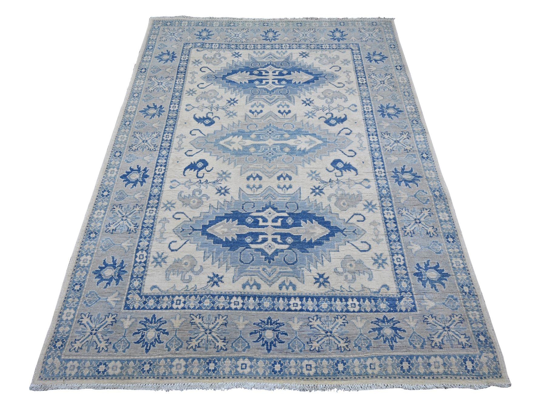 Kazak Kazak hand-knotted wool rug in Ivory & Gray, 4'10" x 6'9" — SKU O021921