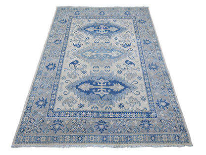 Kazak Kazak hand-knotted wool rug in Ivory & Gray, 4'10" x 6'9" — SKU O021921
