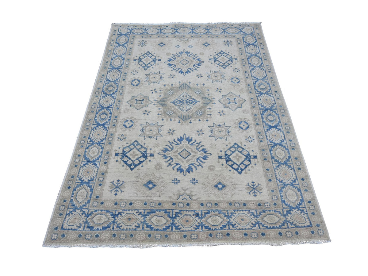 Kazak Kazak hand-knotted wool rug in Ivory & Blue, 4'10" x 6'7" — SKU O021923