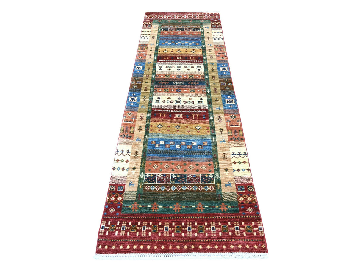 Gabbeh Tribal & Geometric hand-knotted wool runner in Multicolored, 2'9" x 8'7" — SKU O021947