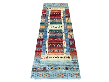 Blue 2'6" x 7'1" Tribal & Geometric Hand knotted Wool Rug - Sku: O021949