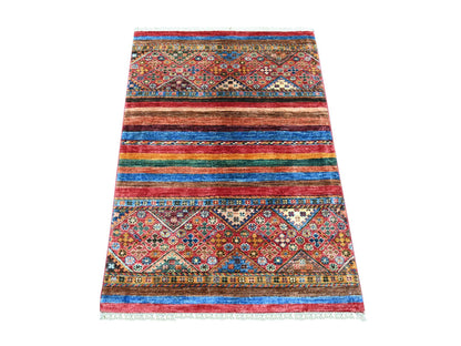 Kazak Tribal & Geometric hand-knotted wool rug in Red, 2'9" x 3'10" — SKU O021950