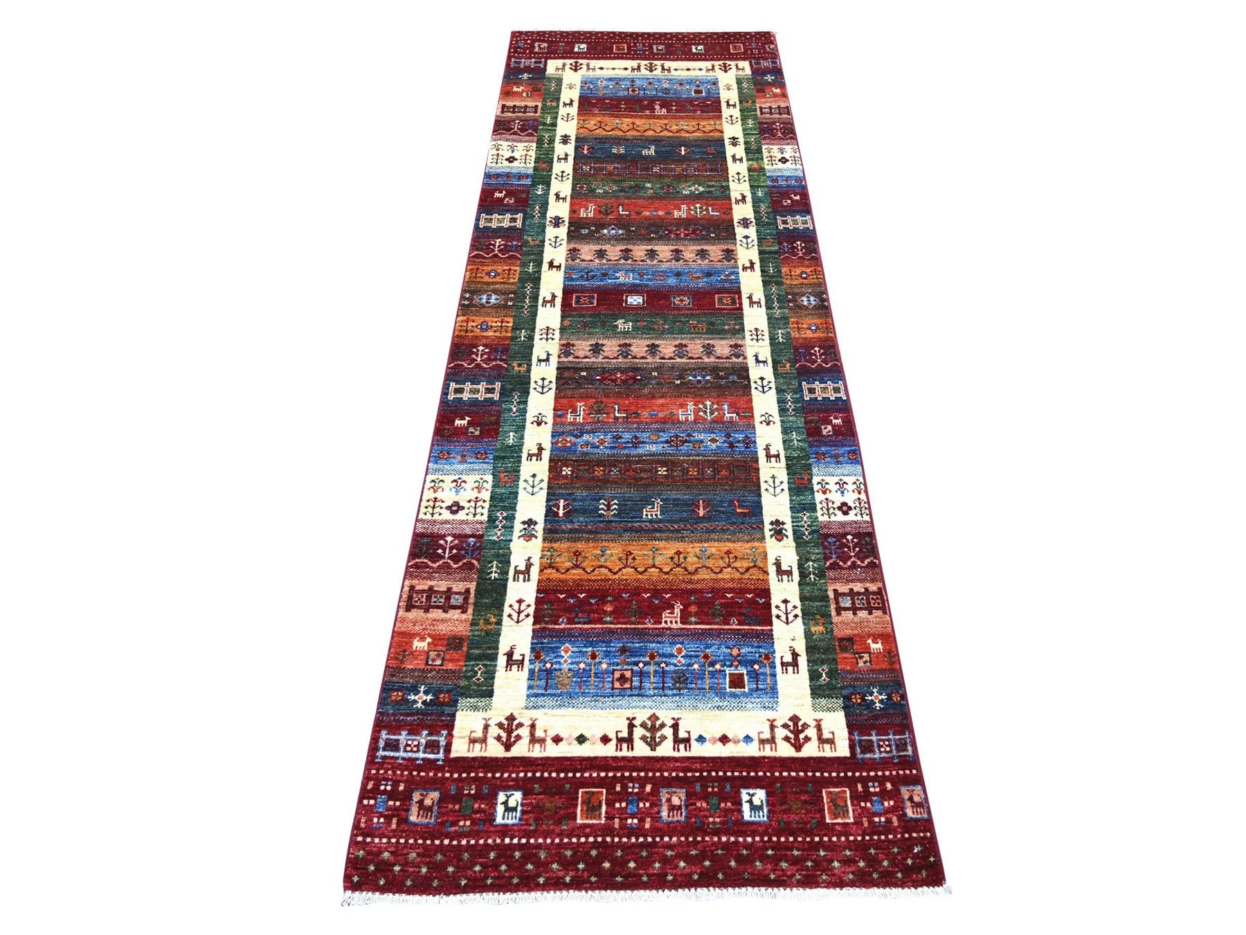 Gabbeh Tribal & Geometric hand-knotted wool runner in Red, 2'8" x 8'3" — SKU O021953