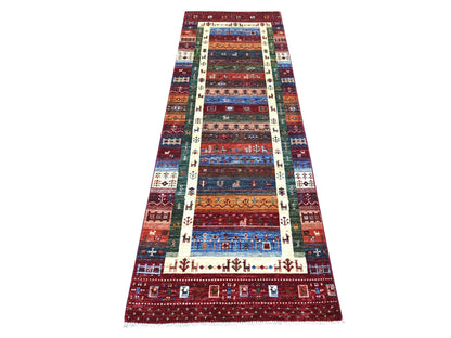 Gabbeh Tribal & Geometric hand-knotted wool runner in Red, 2'8" x 8'3" — SKU O021953
