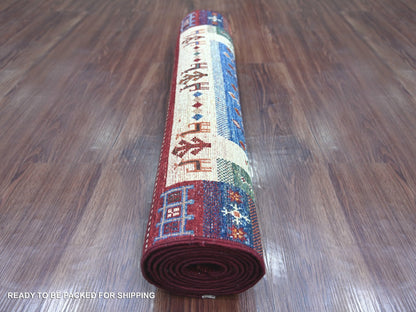 Red 2'8" x 8'3" Tribal & Geometric Hand knotted Wool Rug - Sku: O021953