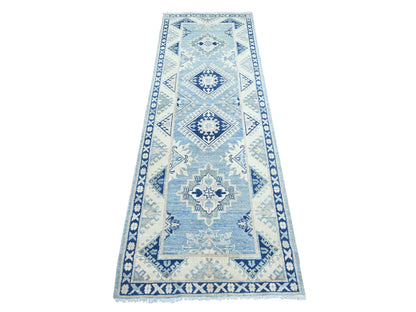 Kazak Kazak hand-knotted wool runner in Blue & Ivory, 2'7" x 7'8" — SKU O021958