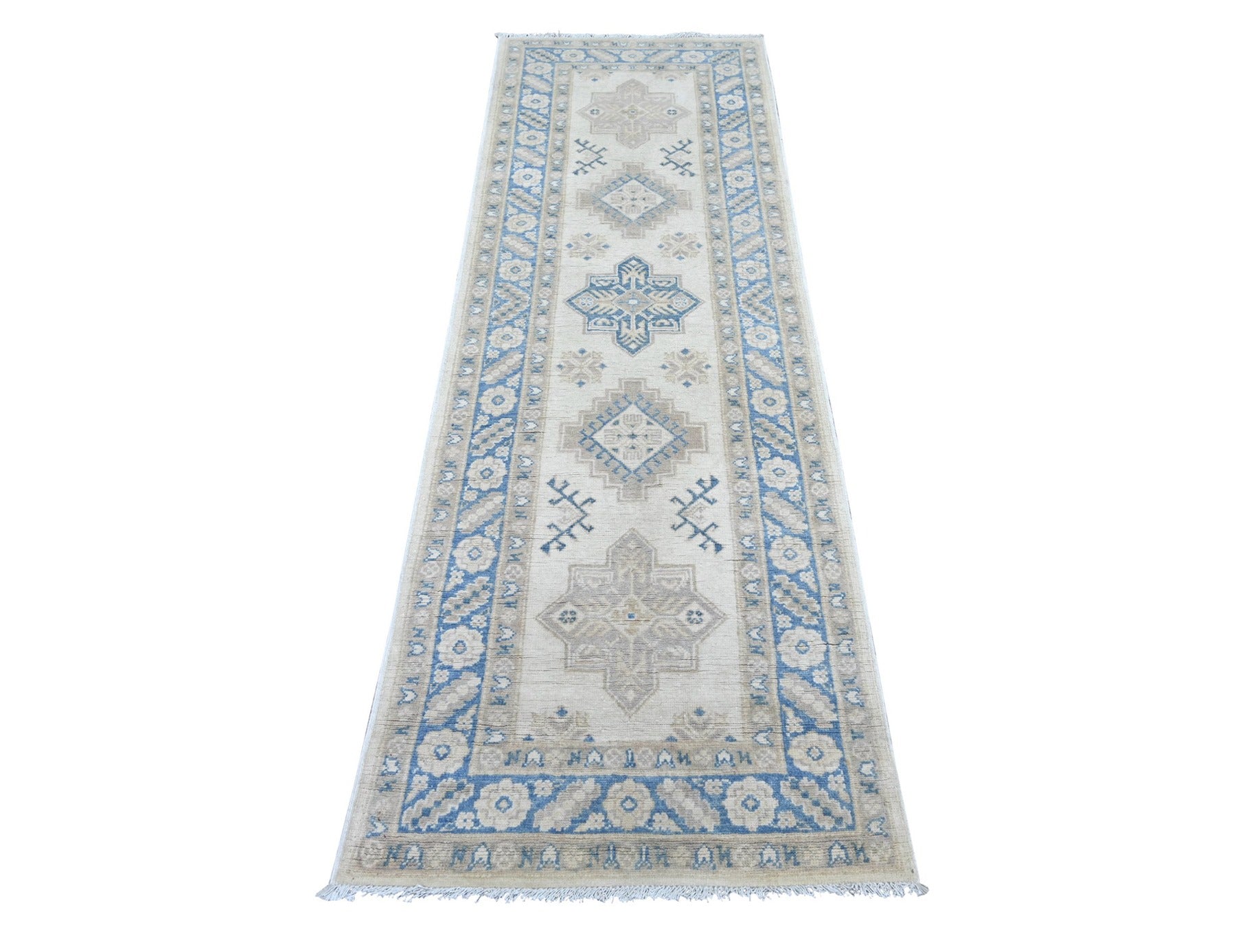 Ivory 2'6" x 7'6" Kazak Hand knotted Wool Rug - Sku: O021961