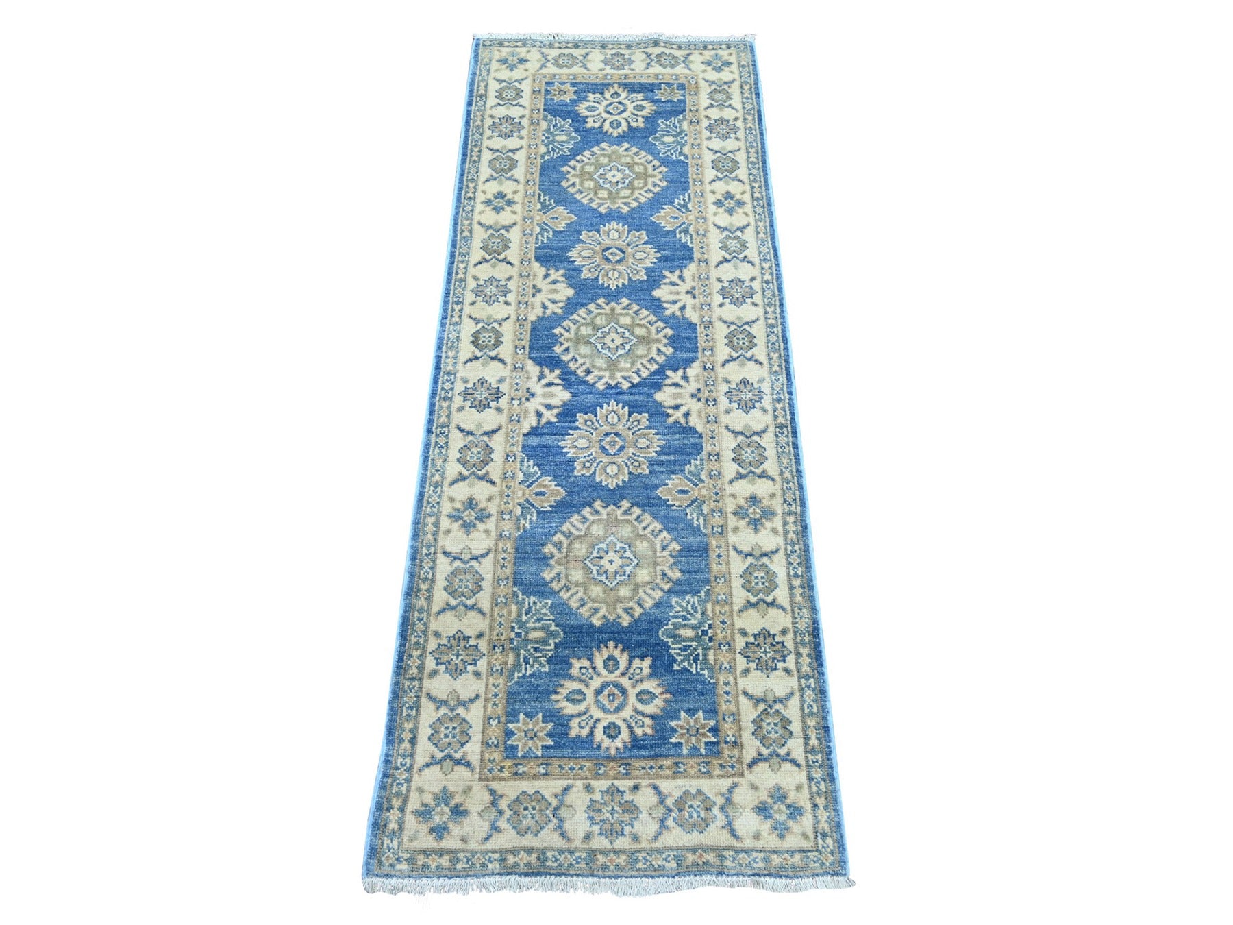 Blue 2'0" x 5'6" Kazak Hand knotted Wool Rug - Sku: O021965