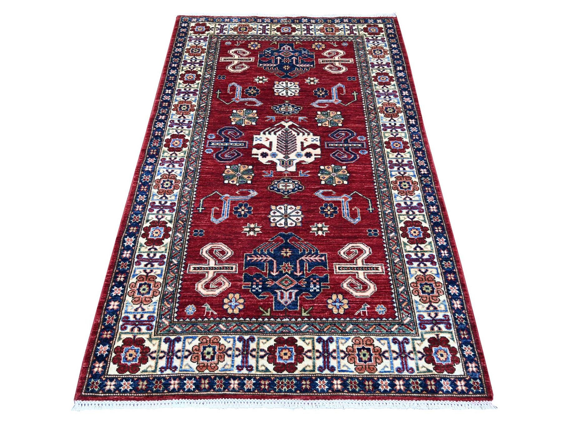 Kazak Tribal & Geometric hand-knotted wool rug in Red & Ivory, 3'11" x 6'2" — SKU O021966