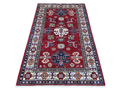 Kazak Tribal & Geometric hand-knotted wool rug in Red & Ivory, 3'11" x 6'2" — SKU O021966