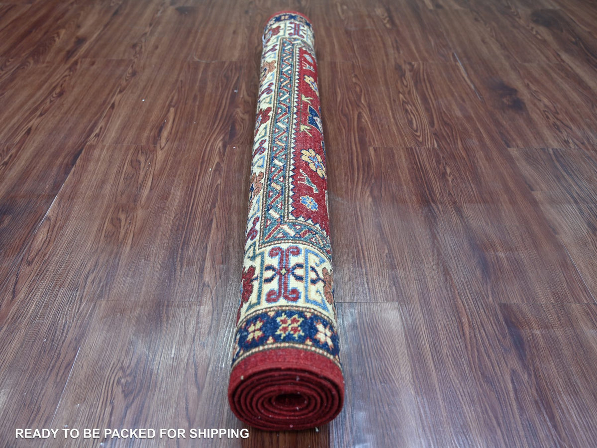 Kazak Tribal & Geometric hand-knotted wool rug in Red & Ivory, 3'11" x 6'2" — SKU O021966 (view 4)